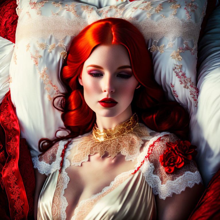 Red-haired woman in vintage cream dress with choker necklace on white pillow