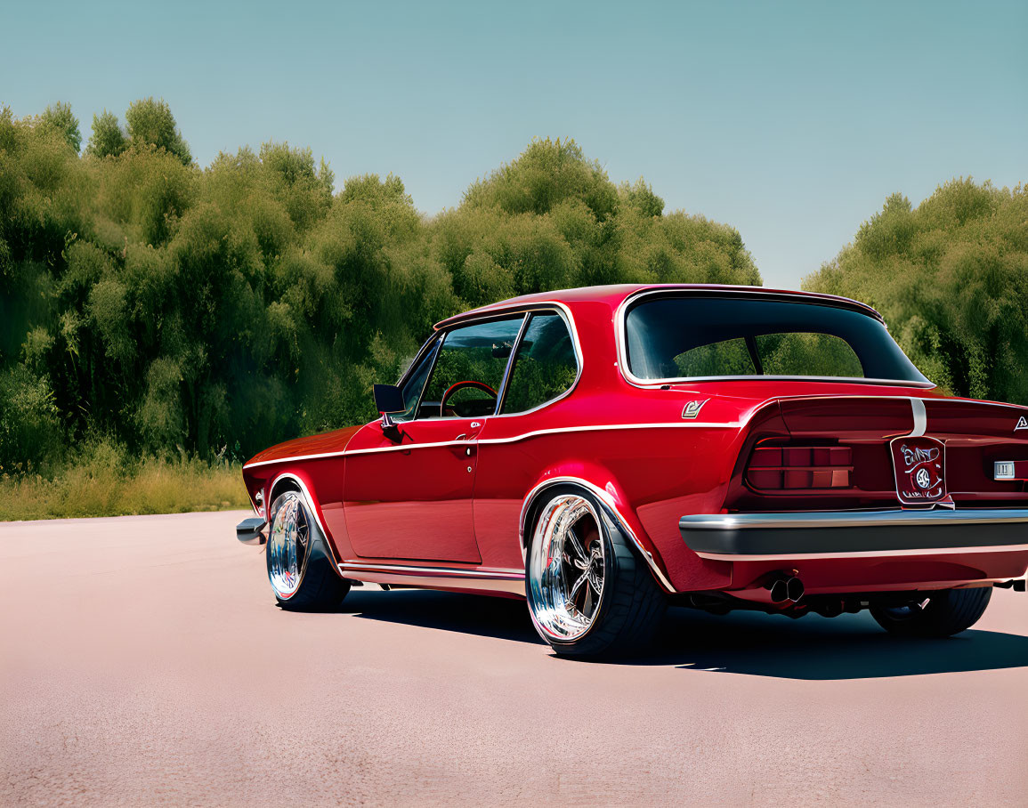 Vintage red car with chrome wheels against green trees and blue sky