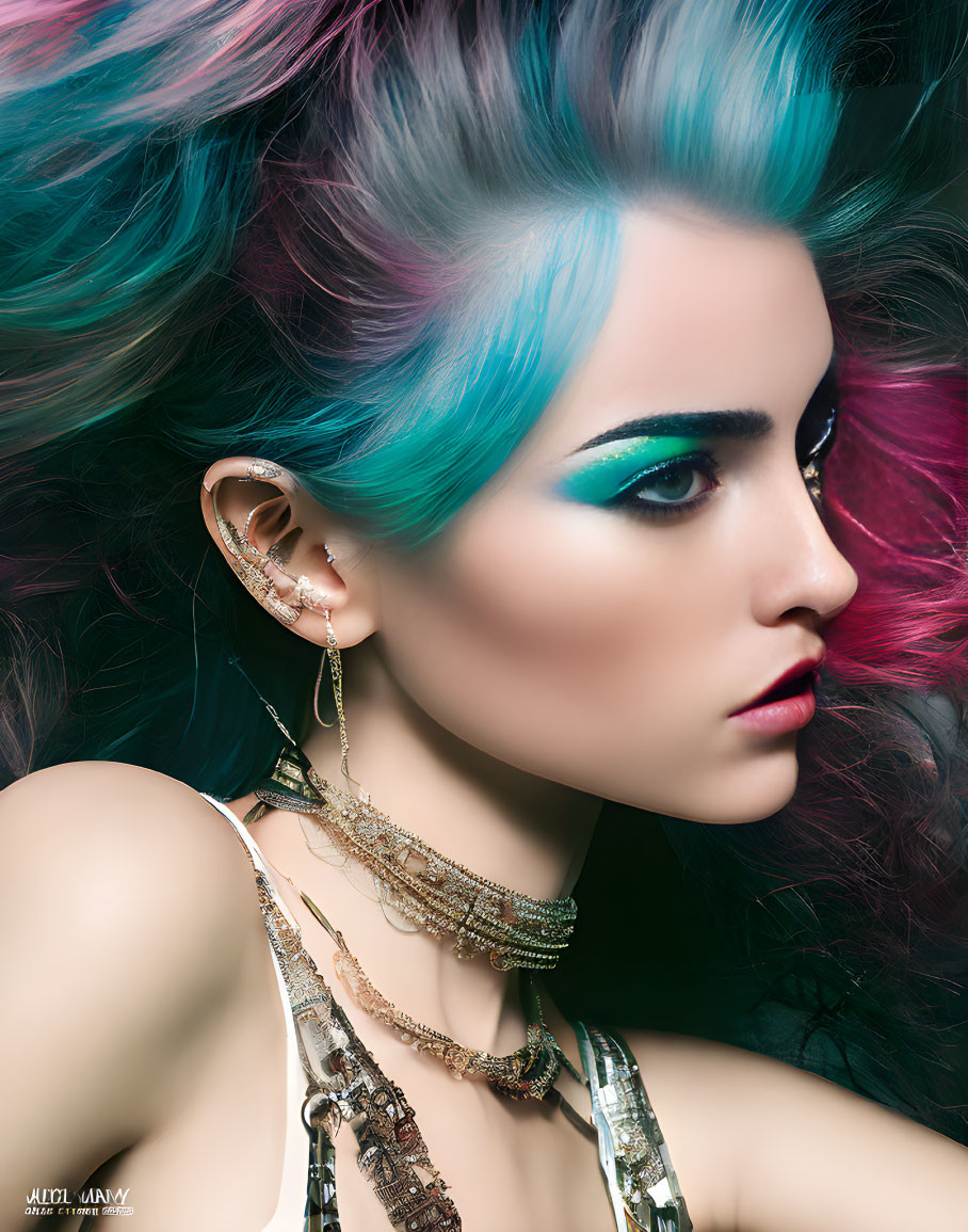 Vibrant blue and pink hair profile portrait with striking makeup.