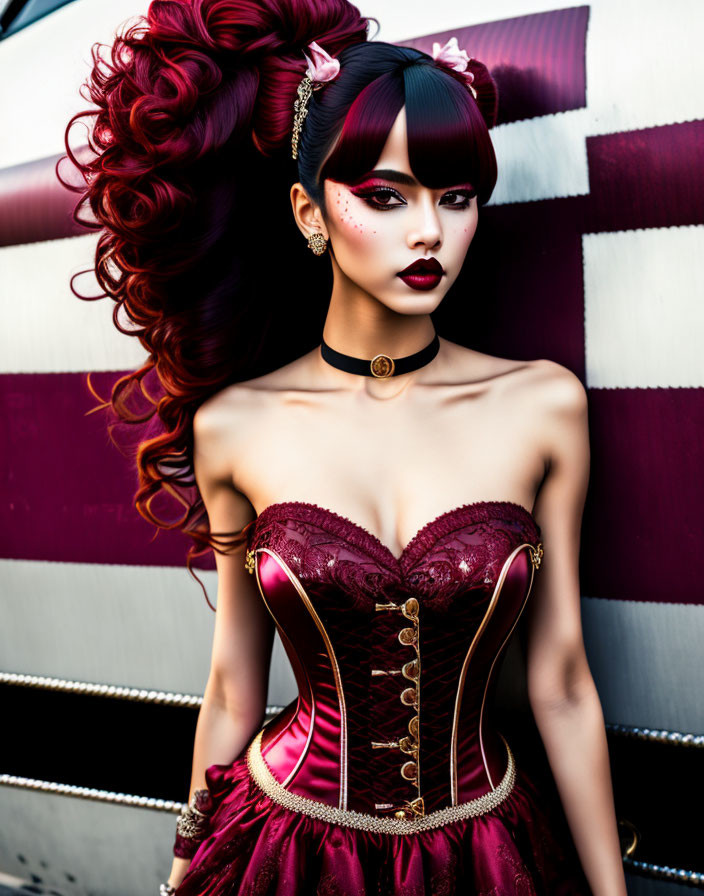 Stylized female avatar with red hair, corset, makeup, choker on striped background