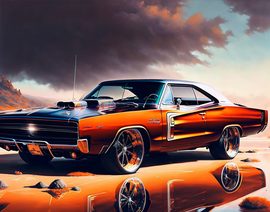 Reflective orange vintage muscle car on mirrored surface under dramatic sunset sky