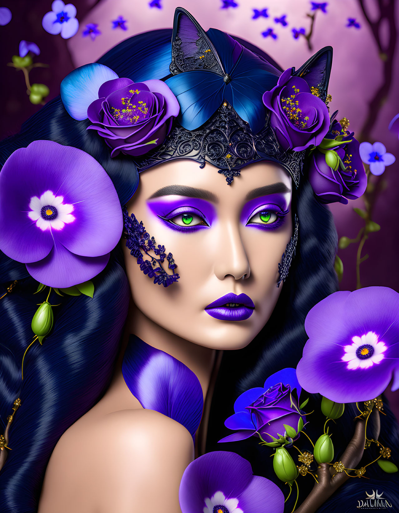 Detailed illustration of woman with violet eyes, adorned with flowers and butterflies on black headpiece, set on