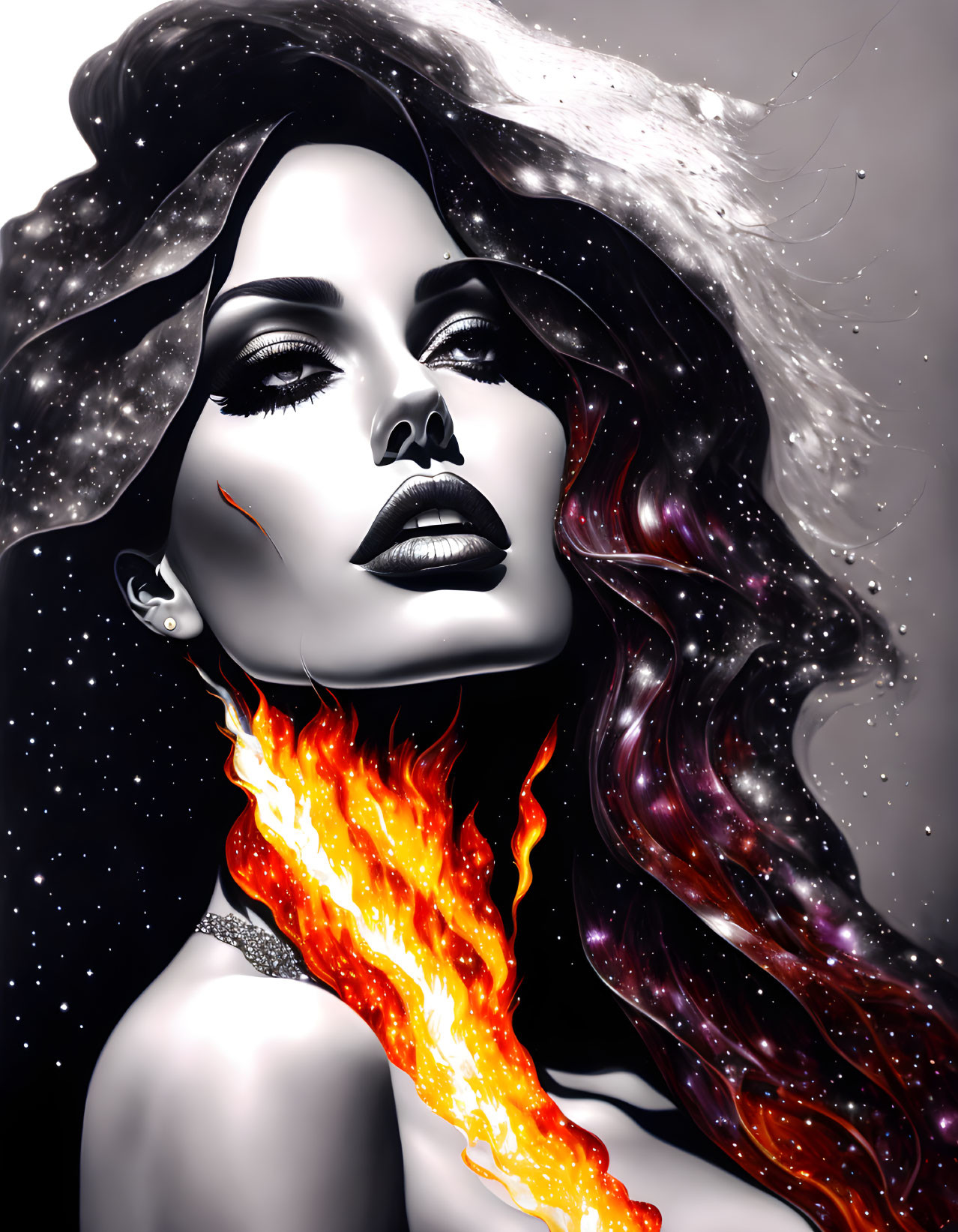 Monochromatic portrait of woman with flowing hair merging into vibrant flames against star-speckled backdrop