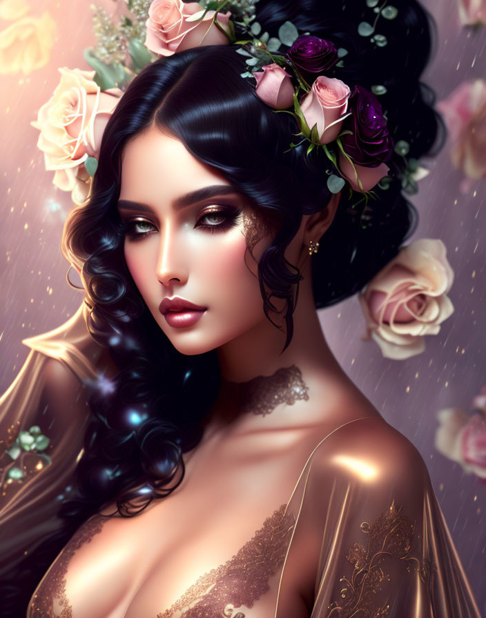 Woman with long black hair, roses, golden dress, and glowing aura in illustration