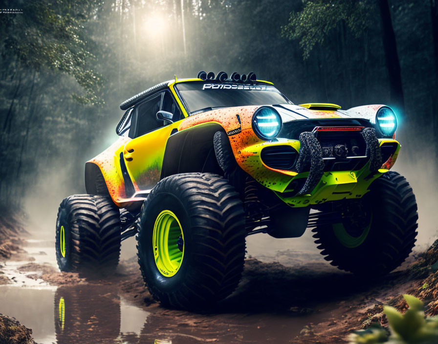 Vibrant orange and yellow off-road vehicle with large tires in misty forest trail