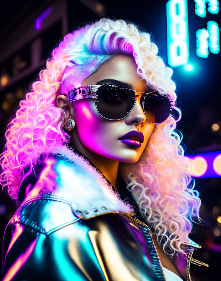 Woman with White and Blue Curly Hair in Fur-Lined Jacket Under Neon Lights