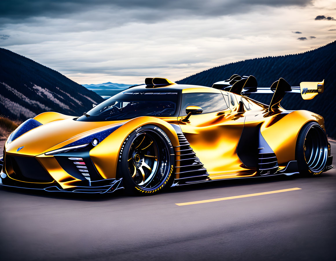 Golden sports car with black accents and large rear wing on sunset road.