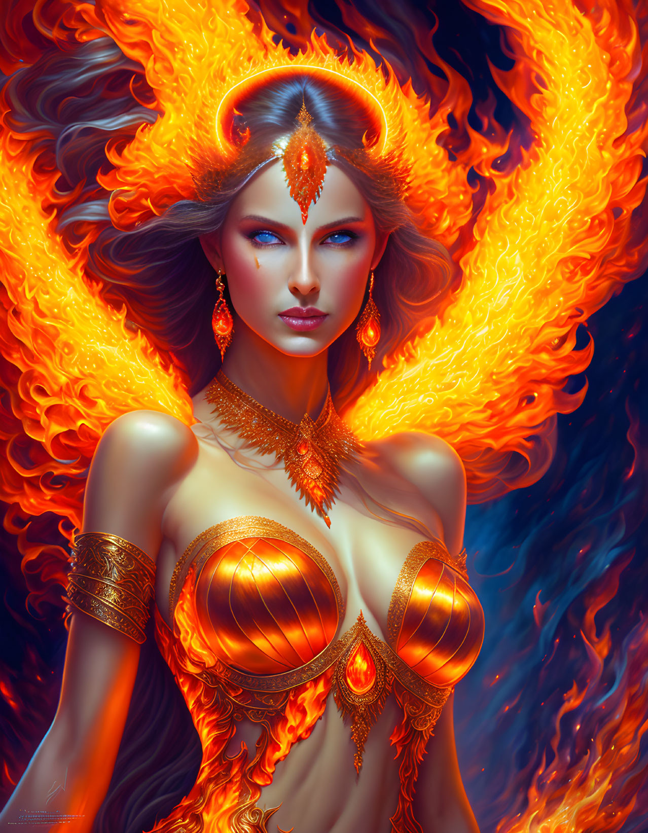 Digital artwork: Woman with fiery wings and golden jewelry symbolizing mystical power and beauty.