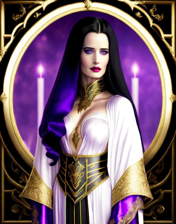 Regal woman illustration in white and gold dress with dark hair