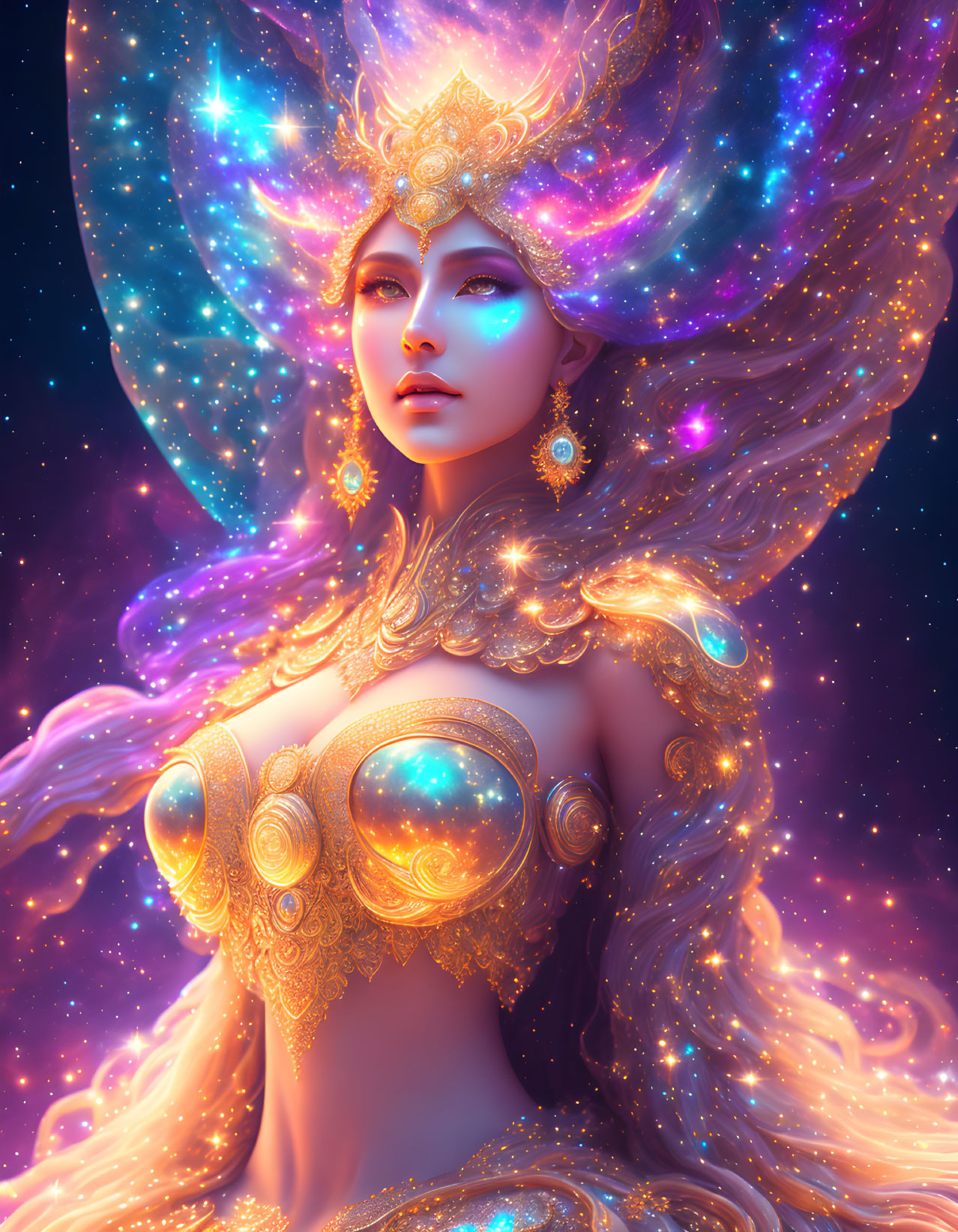 Ethereal digital artwork: Woman with cosmic hair and golden jewelry