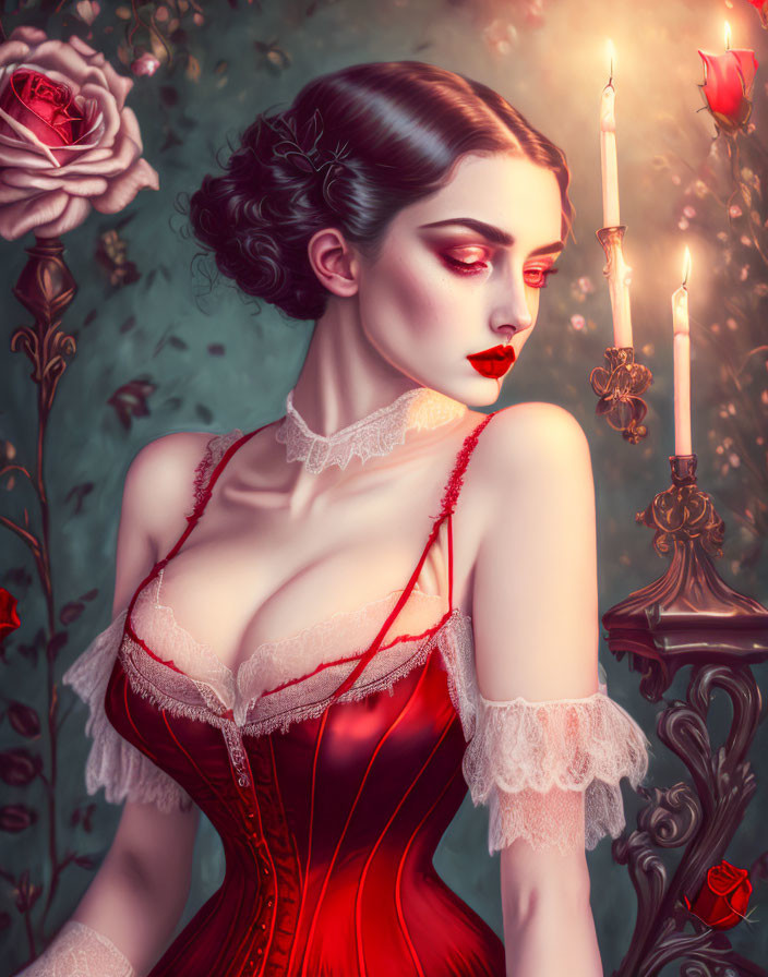 Elegant woman in red corset with roses and candlelight