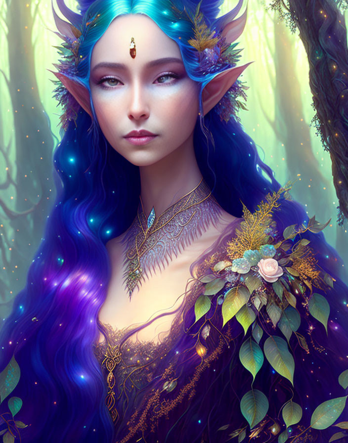 Mystical elf with blue ears and radiant hair in enchanted forest