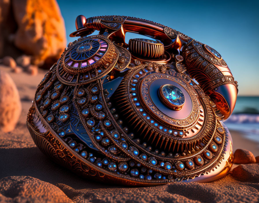 Jewel-encrusted rotary phone on sandy beach at sunset