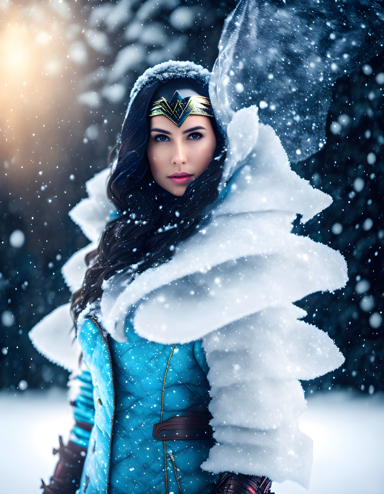 Woman in superhero costume in wintry setting gazes amid falling snowflakes