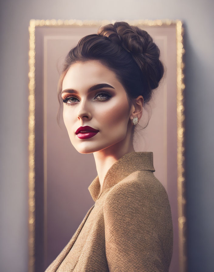 Portrait of woman with elegant hair updo, striking makeup, beige outfit in golden frame