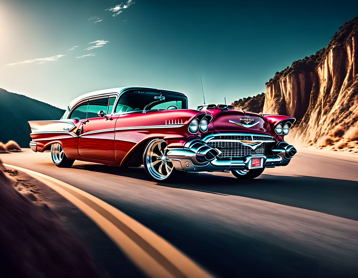 Vintage red Cadillac driving on desert road with towering rock walls