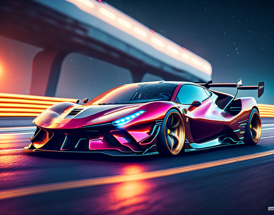 Futuristic sports car with neon underglow on roadway at dusk