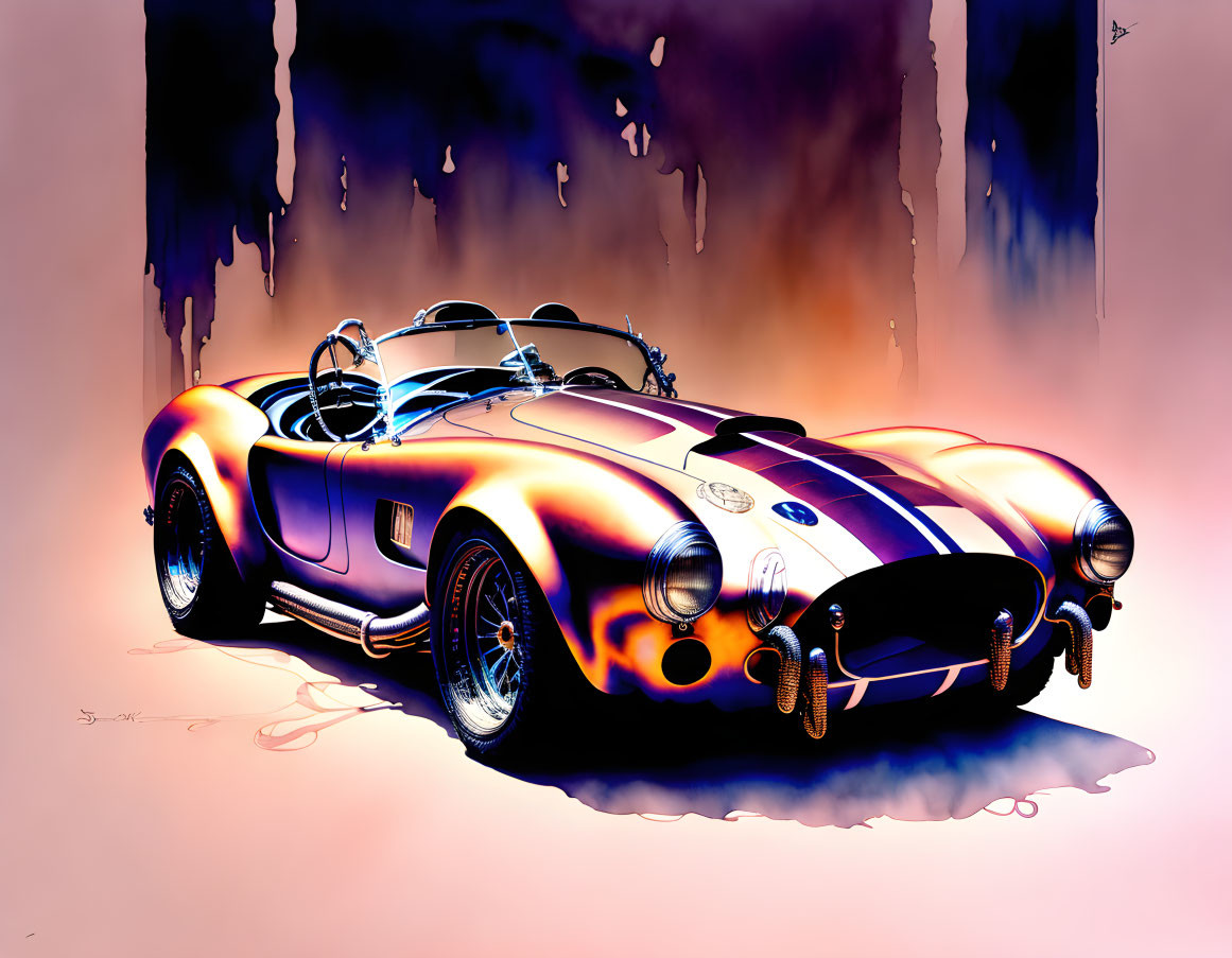 Colorful illustration of classic sports car with bold stripes and flames