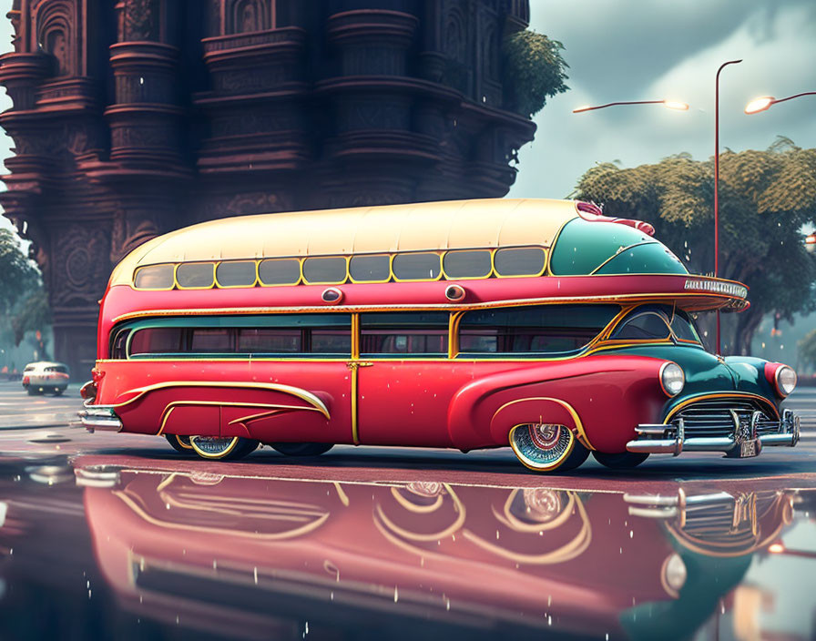 Stylized retro-futuristic red bus on glossy, wet road