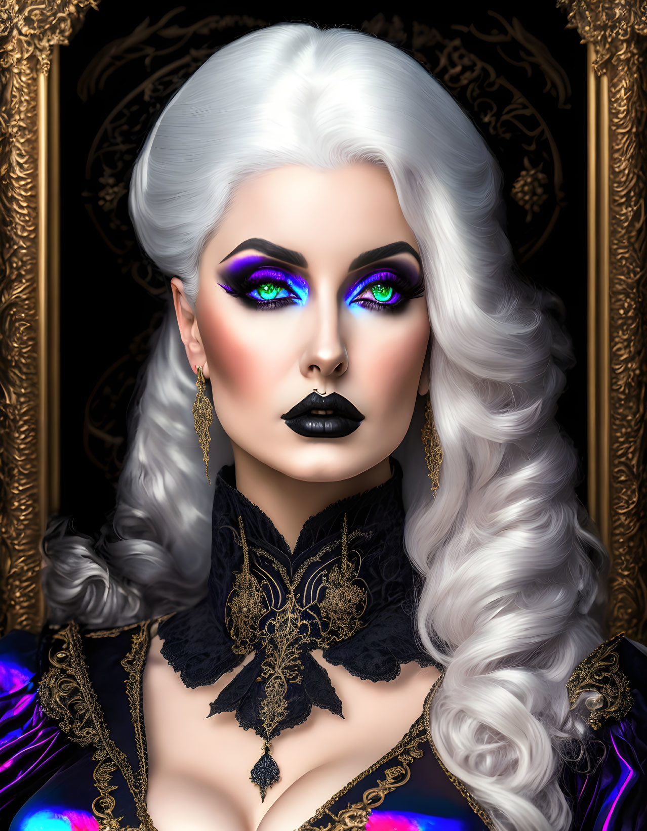 Detailed Illustration of Woman with Violet Eyes, White Hair, and Victorian Outfit