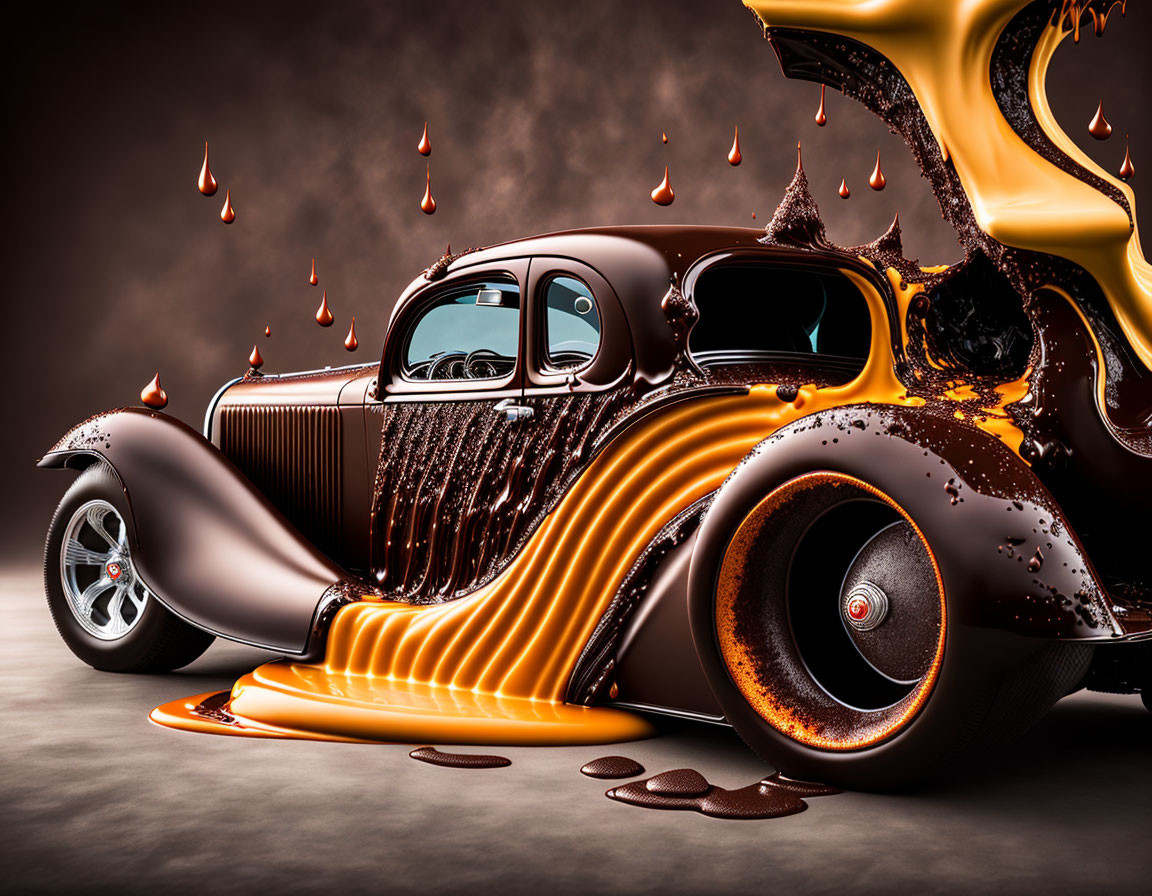 Vintage Car with Glossy Brown Finish and Molten-Like Details on Neutral Background