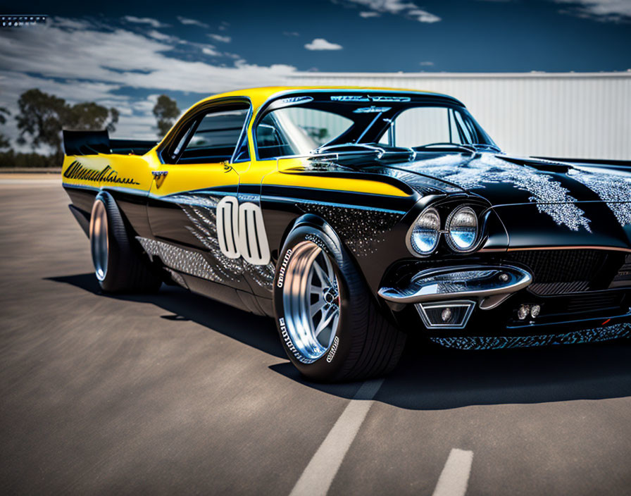 Vintage Black Muscle Car with Racing Decals and "00" Parked on Asphalt