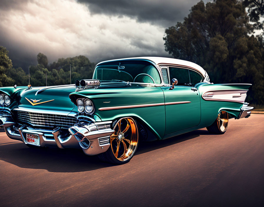 Vintage turquoise and white car with chrome and golden wheels on road under overcast skies.