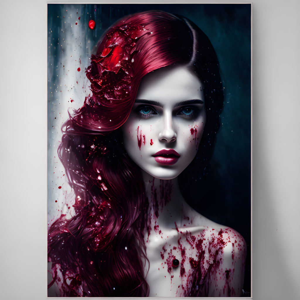 Dark Makeup Woman Portrait with Red Hair and Blood Splatter Theme