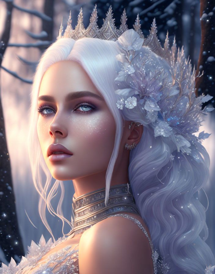 Fantasy digital artwork: Ice queen with silver crown & frosty floral hair adornments