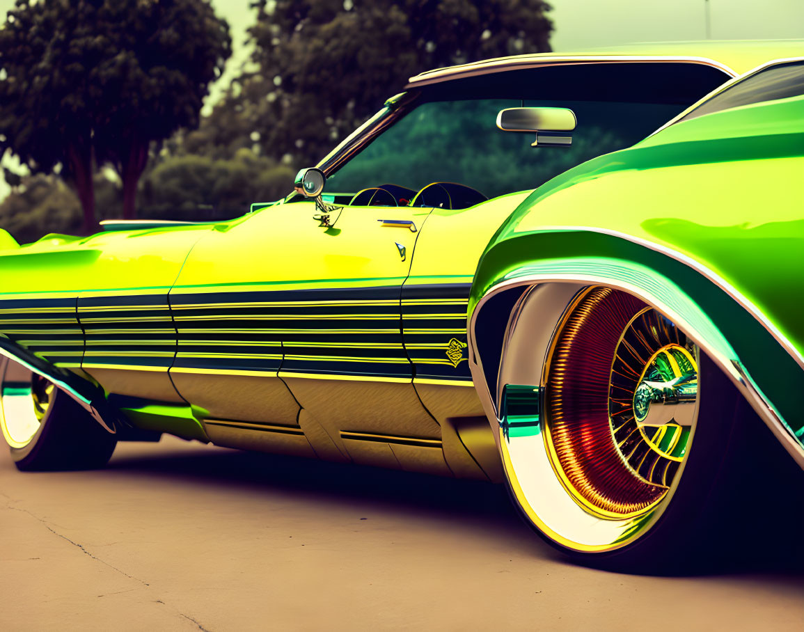 Colorful Lowrider with Gold-Rimmed Wheels on Soft-Focus Background