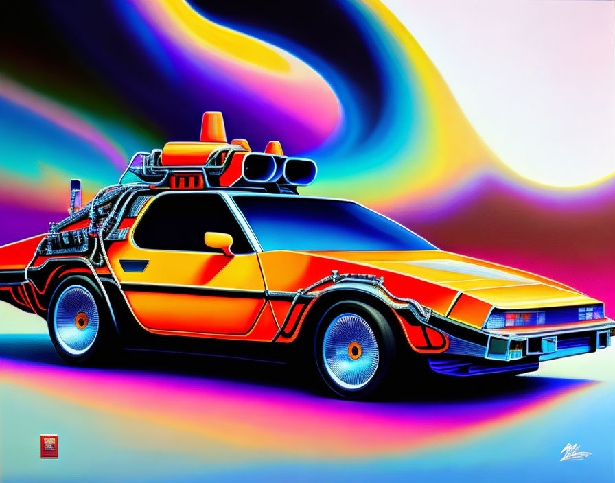 Futuristic car digital artwork with neon retro sci-fi theme