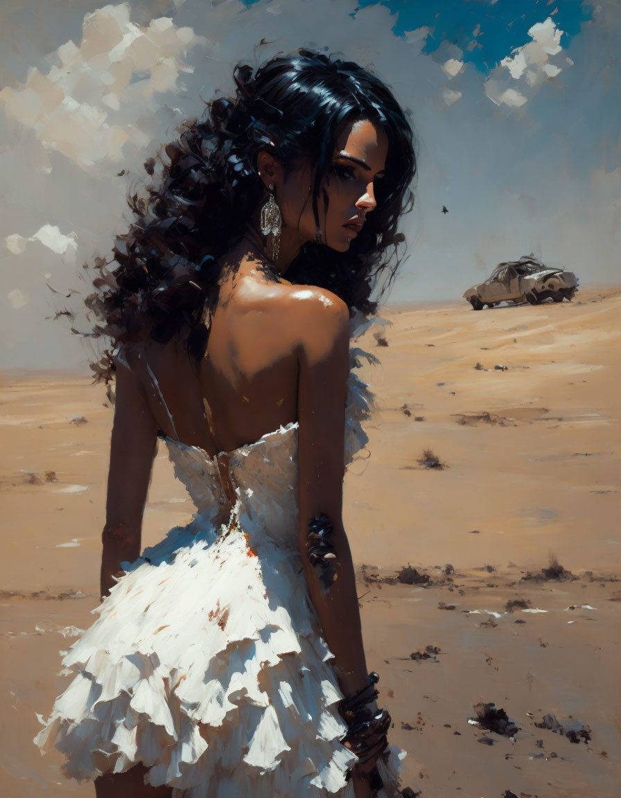 Woman in white dress gazes in desert with abandoned car