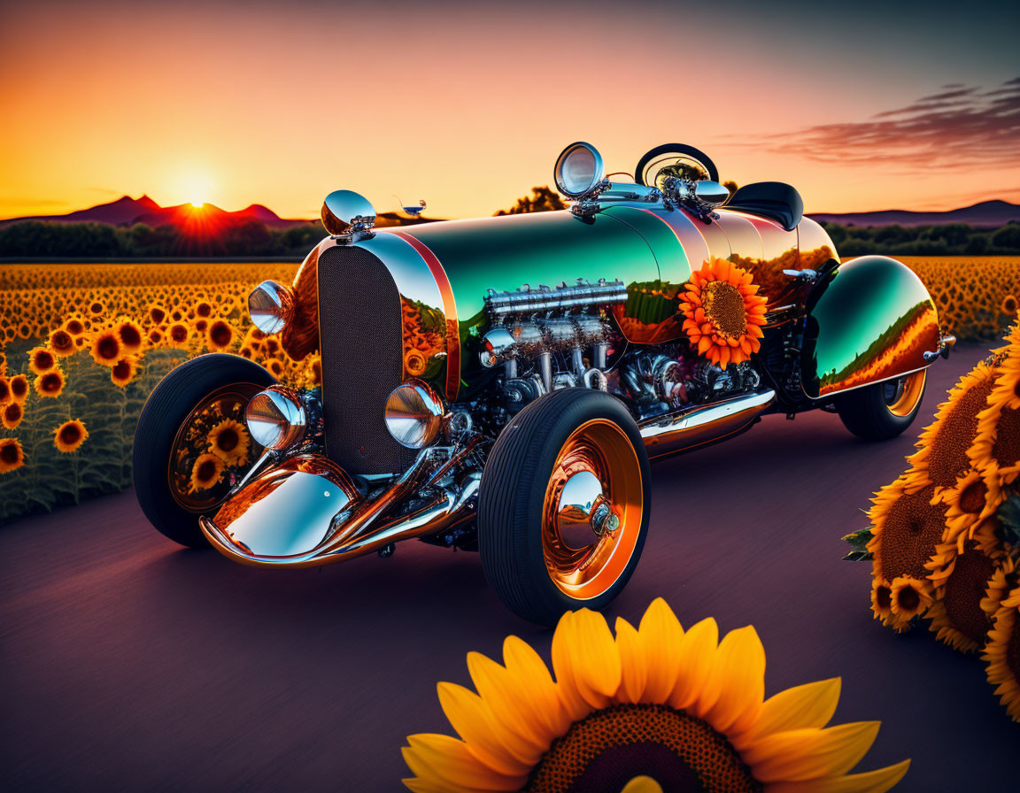 Classic Custom Car Shines in Sunflower Field at Sunset