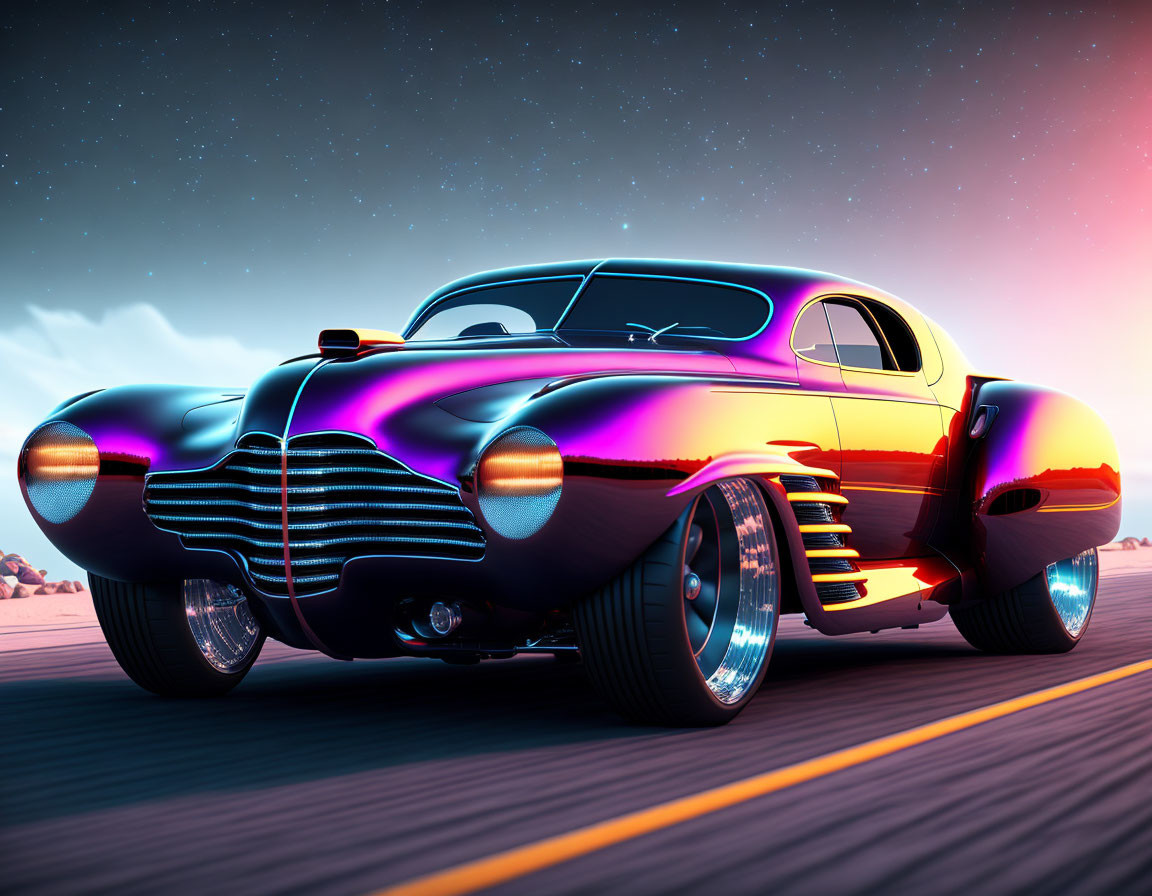 Glossy iridescent retro-futuristic car under twilight sky