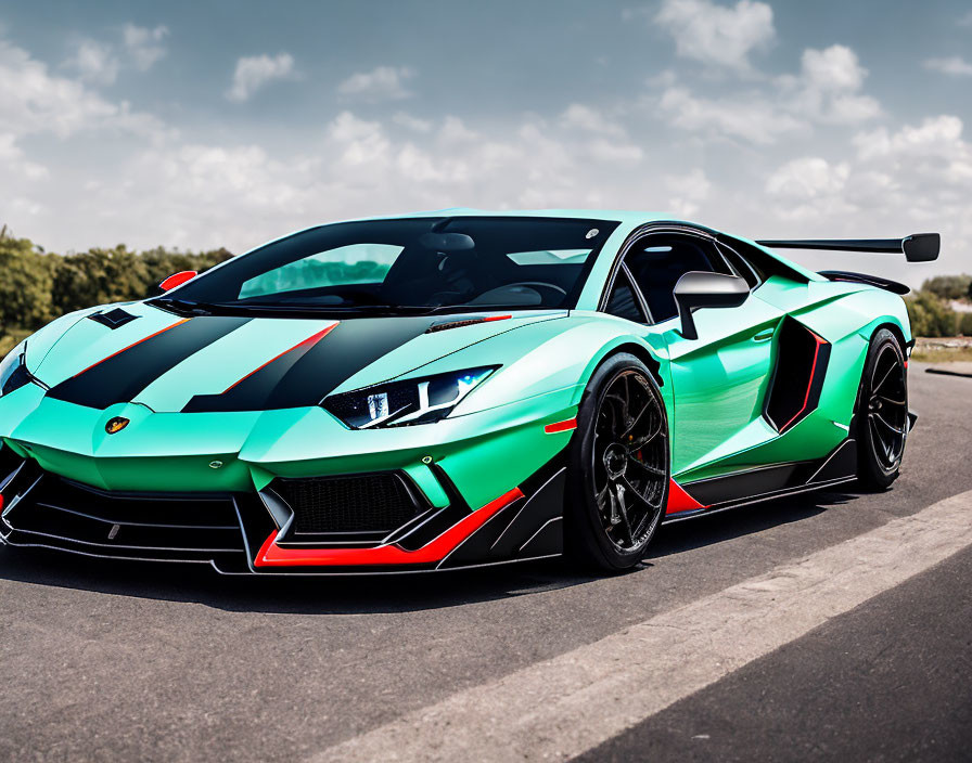 Striped Green and Black Lamborghini Aventador with Rear Wing on Asphalt Road