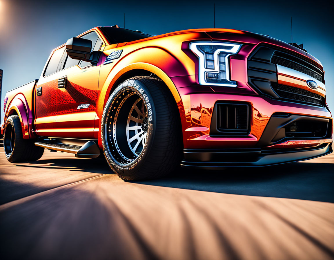 Custom red and orange Ford truck with graphics under clear blue sky