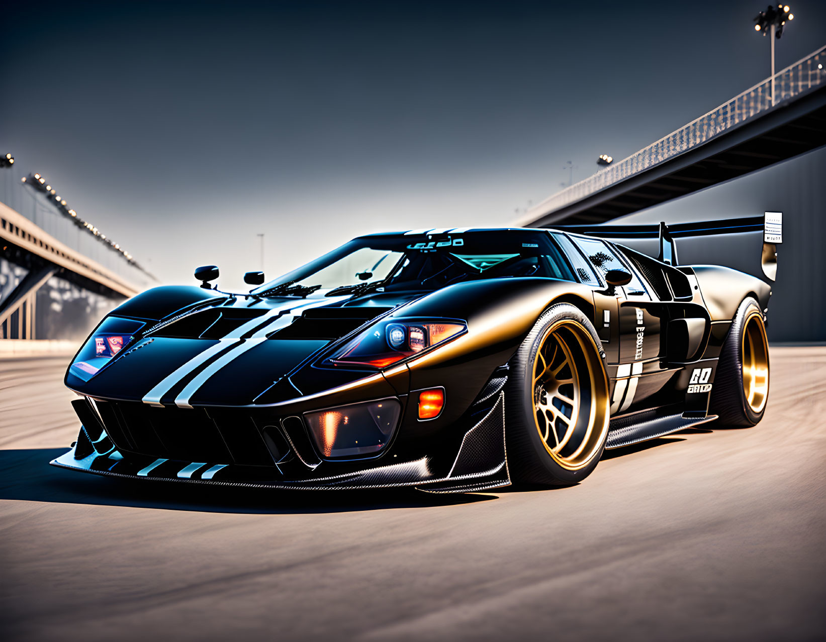 Black Racing Car with Bold Stripes, Rear Wing, and Gold Rims on Asphalt Surface