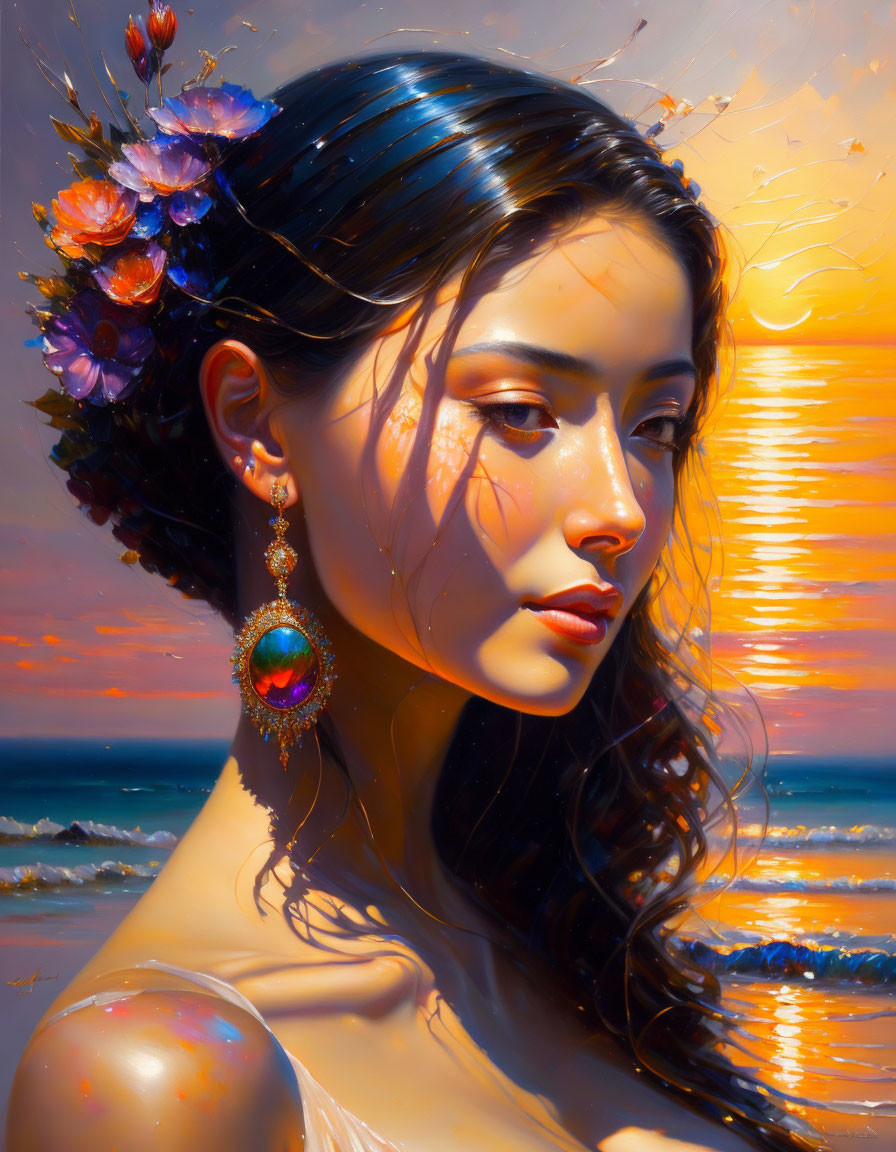 Detailed portrait of woman with flowers in hair and sunset ocean backdrop