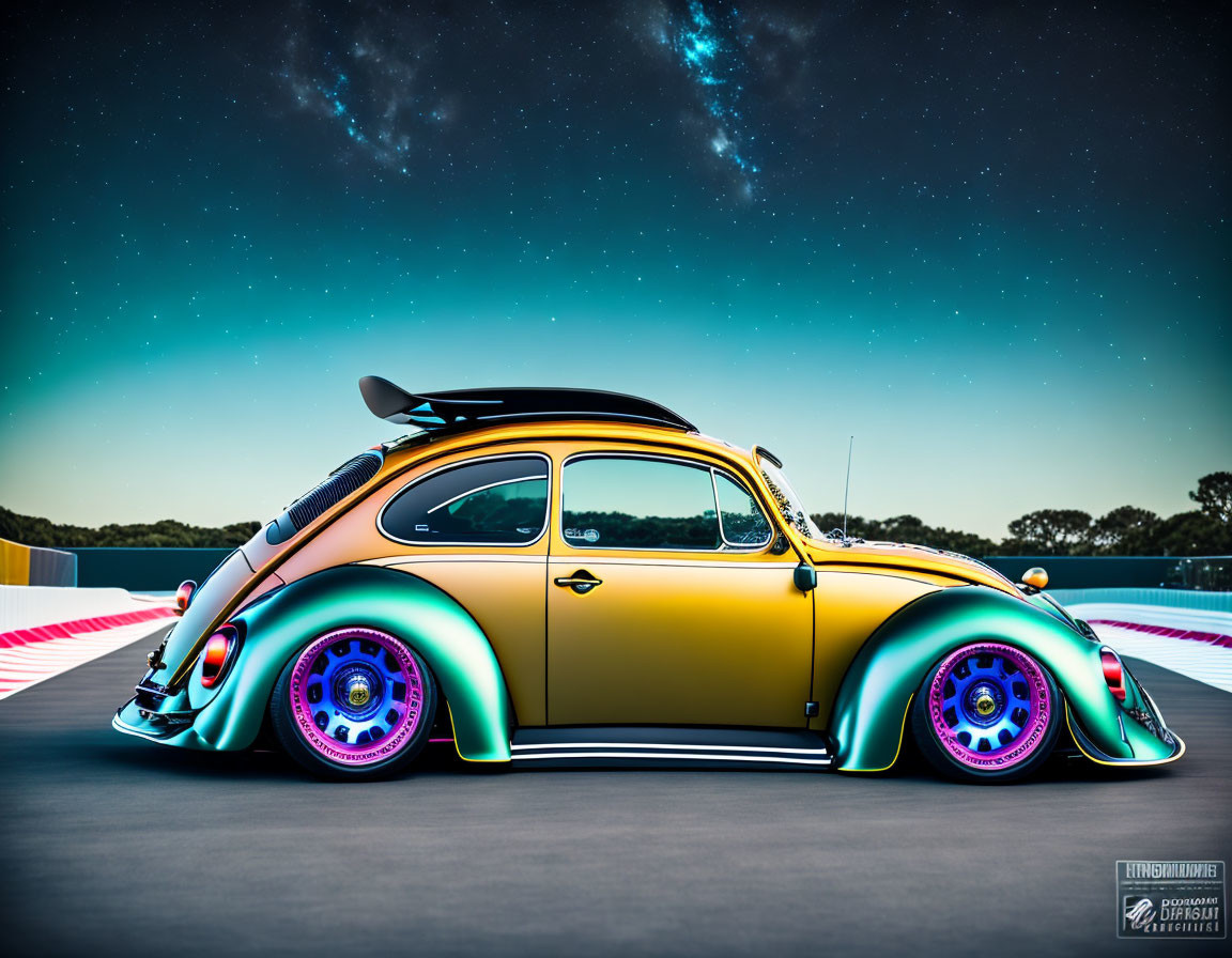 Modified Volkswagen Beetle with yellow and blue paint, colorful rims, and rear spoiler on track at night.