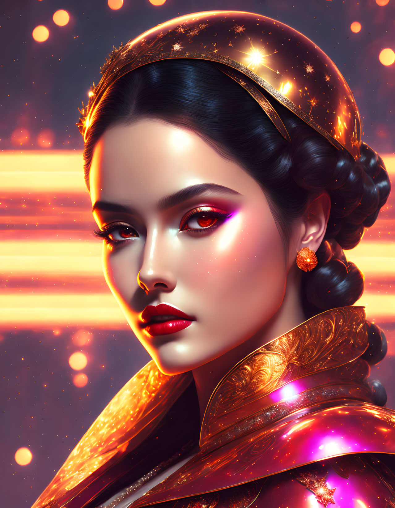 Cosmic-themed digital art portrait of a woman with starry makeup and golden attire