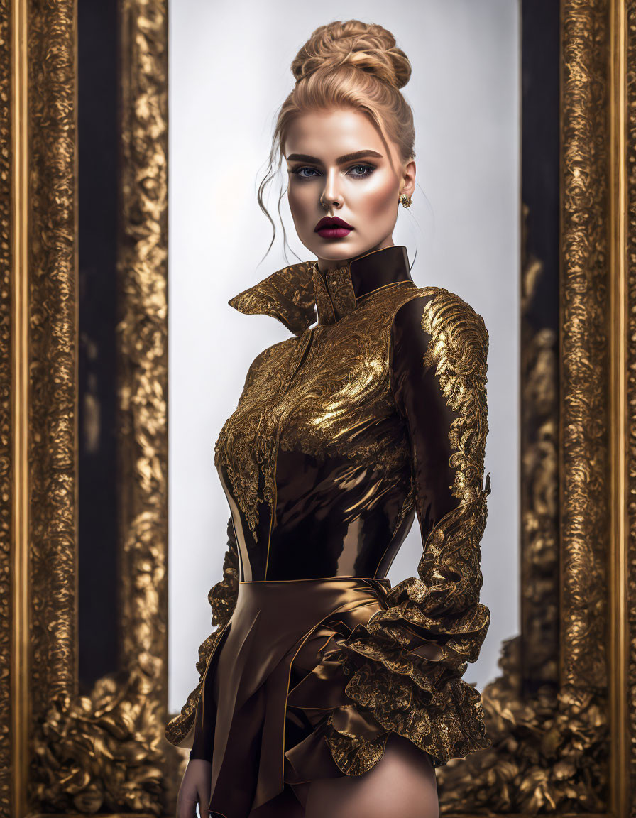 Elegant woman in gold and black dress by ornate mirrors