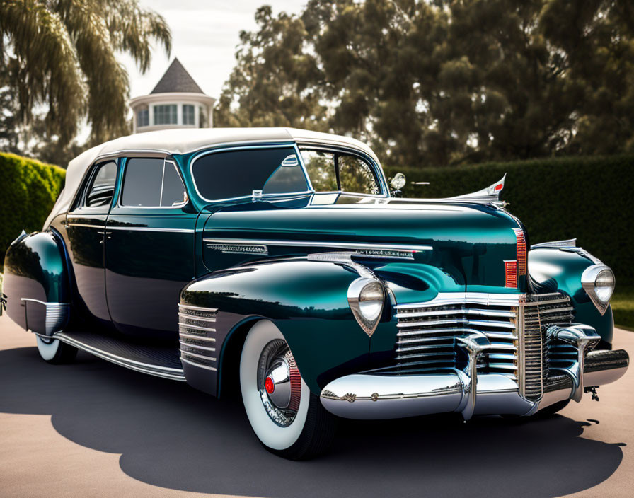 Vintage Green Car with Chrome Details and White Gazebo Background