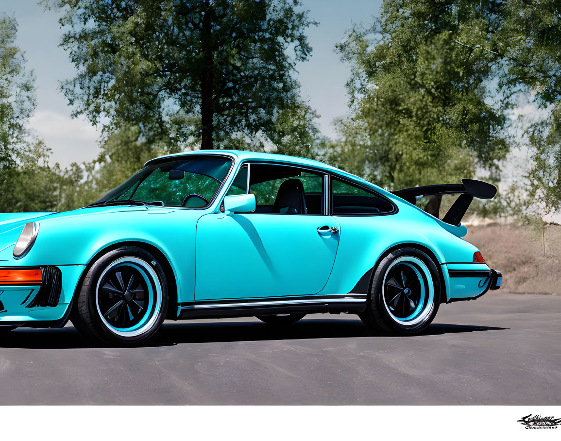 Turquoise Porsche 911 with black spoiler, parked under trees, showcasing classic silhouette.