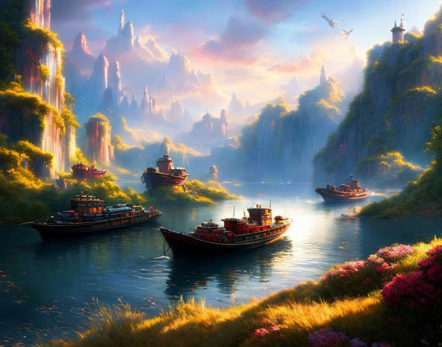 Tranquil river with boats in majestic landscape at sunset