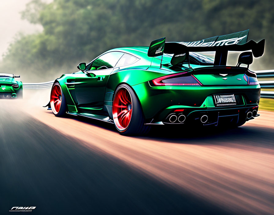 Green sports car with red rims and large rear wing racing on track.