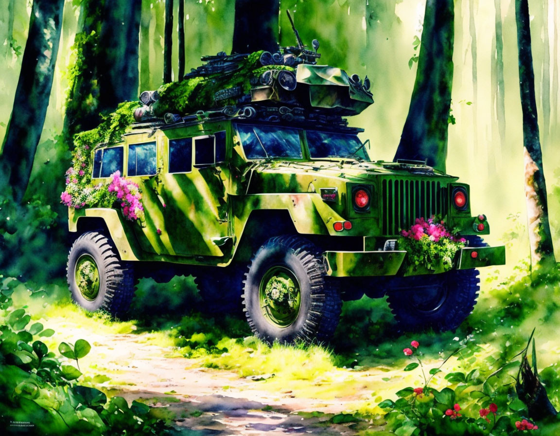 Camouflaged military vehicle with floral decorations in vibrant forest.