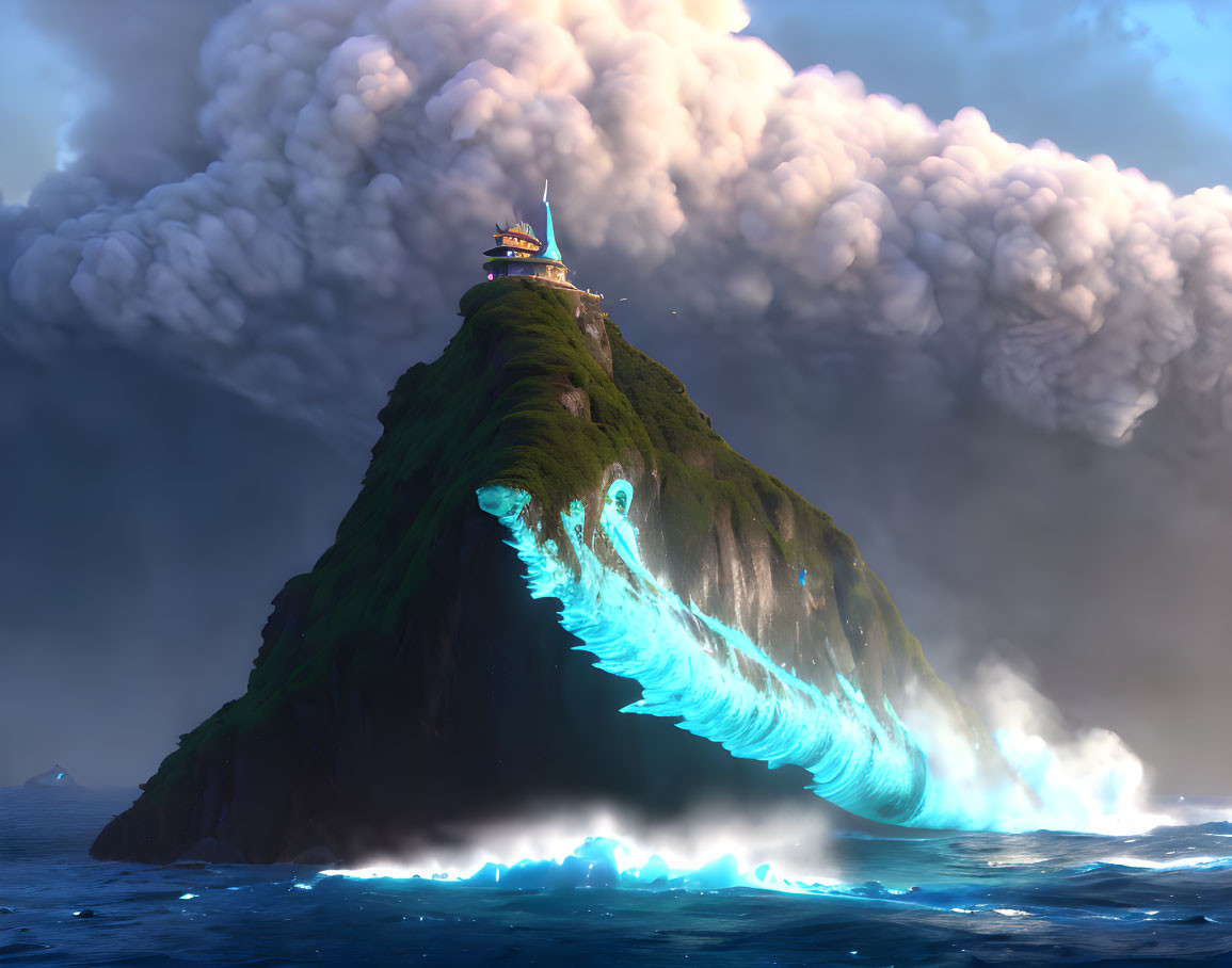 Mystical green island with temple, turbulent sea, glowing waves, dramatic sky