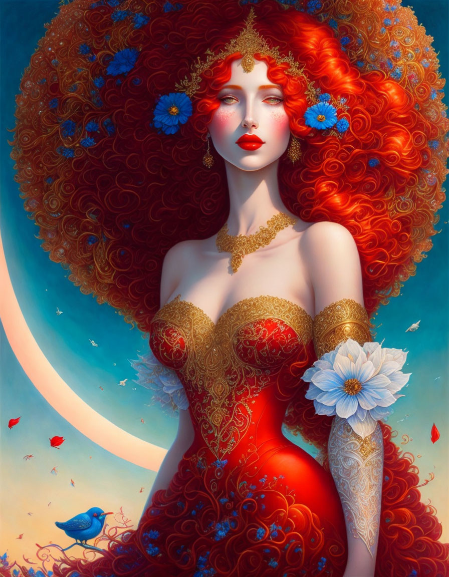 Vibrant red-haired woman in gold corset dress with blue flowers and bird