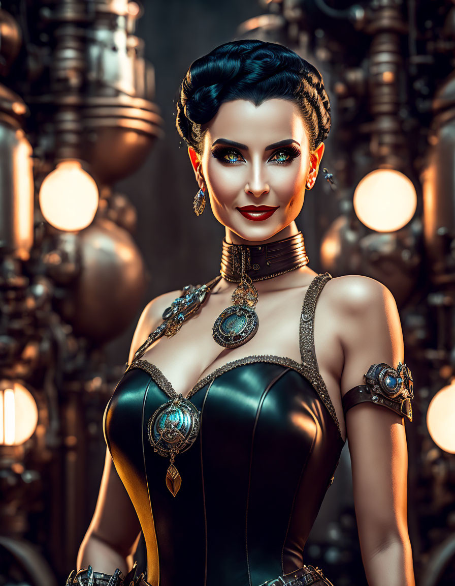 Elegant cyberpunk female figure in black corset and jewelry