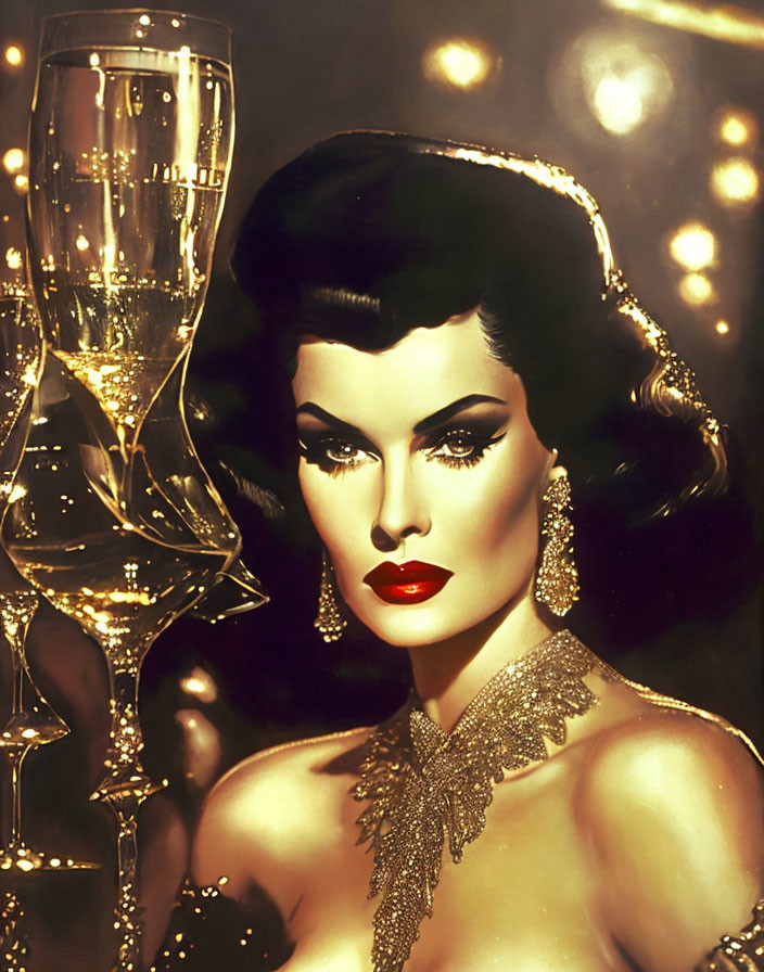 Glamorous woman portrait with bold makeup, elegant jewelry, champagne glass, and sparkling lights